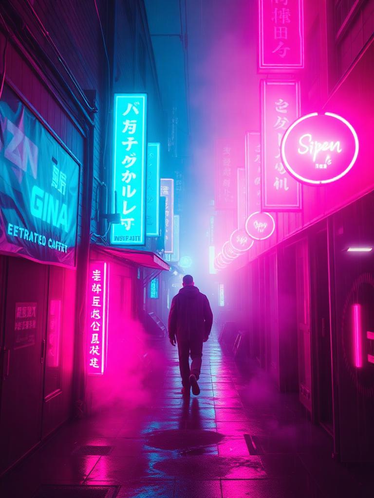 Cyberpunk style AI video frame — neon alley with holographic signs