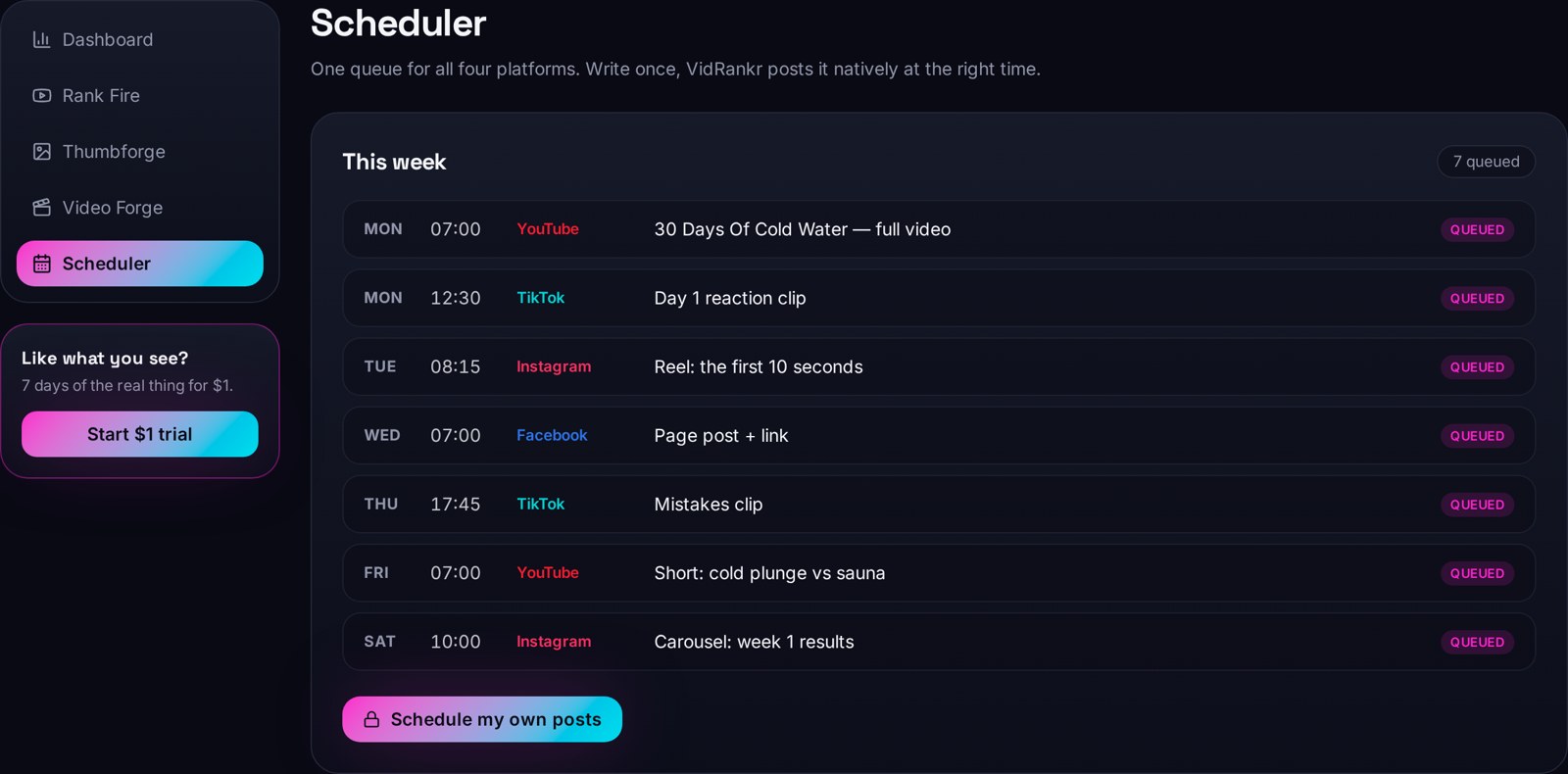 Scheduler queue with posts lined up across YouTube, TikTok, Instagram and Facebook