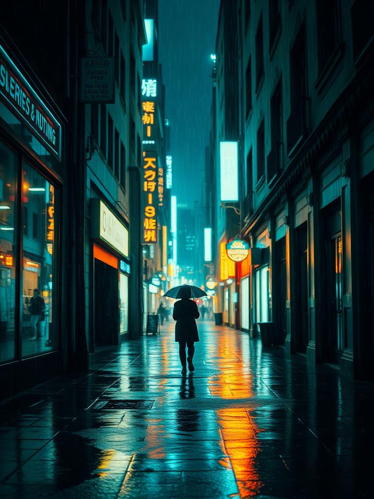 Cinematic style AI video frame — neon-lit rainy city alley at night