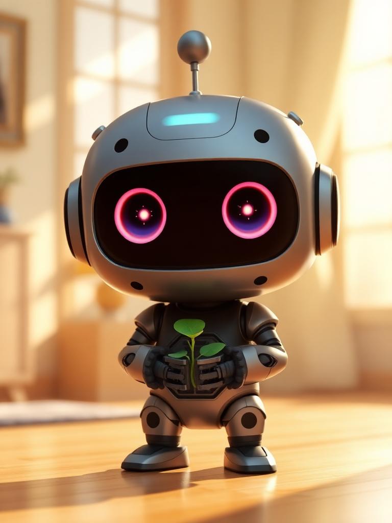 3D animated style AI video frame — cute robot holding a sprout