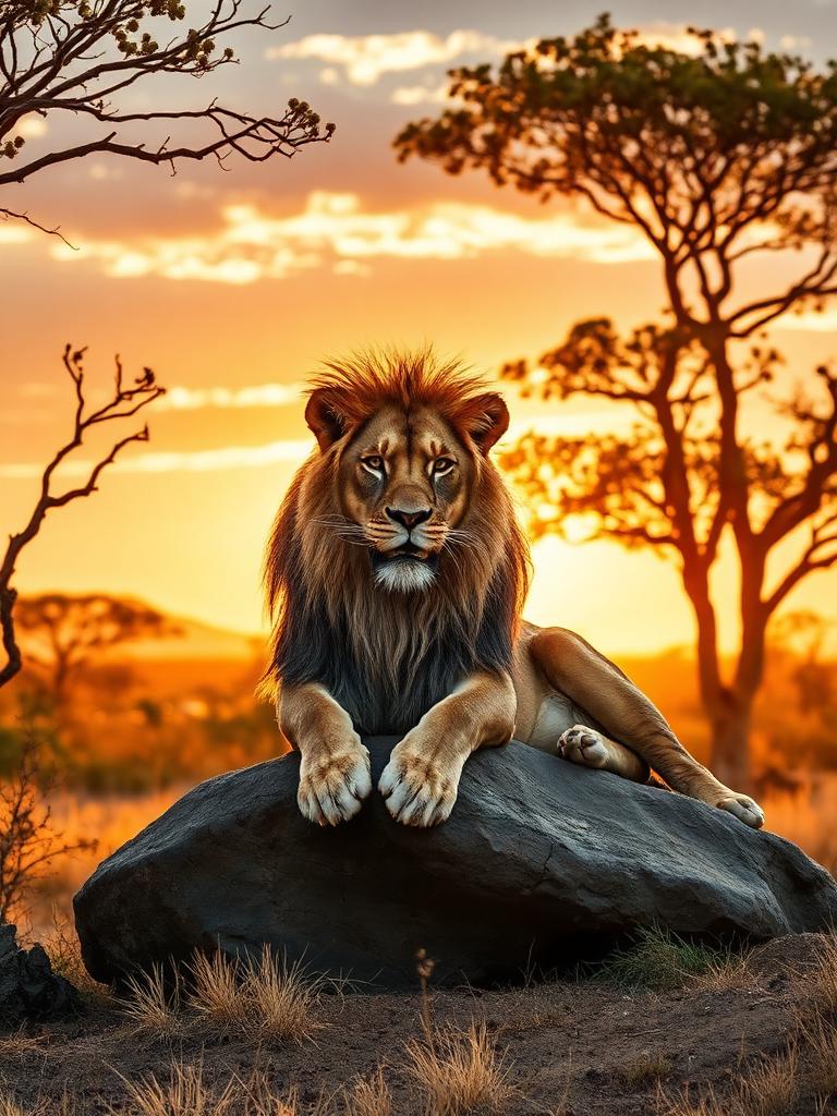 Photorealistic style AI video frame — lion on a rock at golden hour