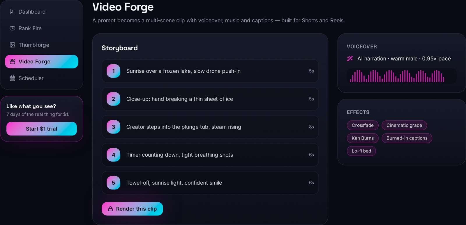 Video Forge storyboard with five scenes, AI voiceover and effects