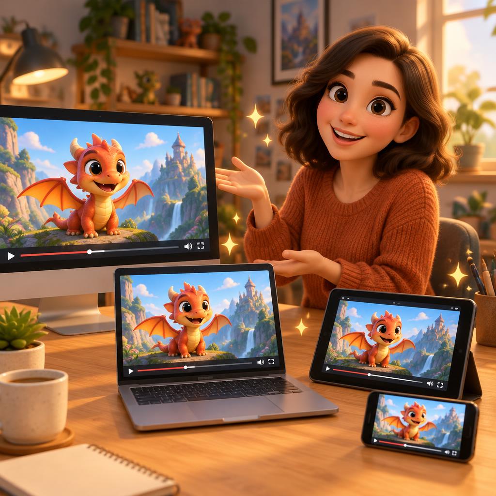 Creator showing the same cartoon video on a monitor, laptop, tablet and phone