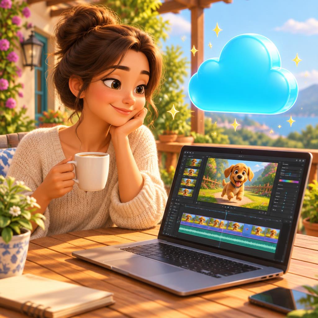 Creator relaxing with coffee while editing a cartoon video on a laptop