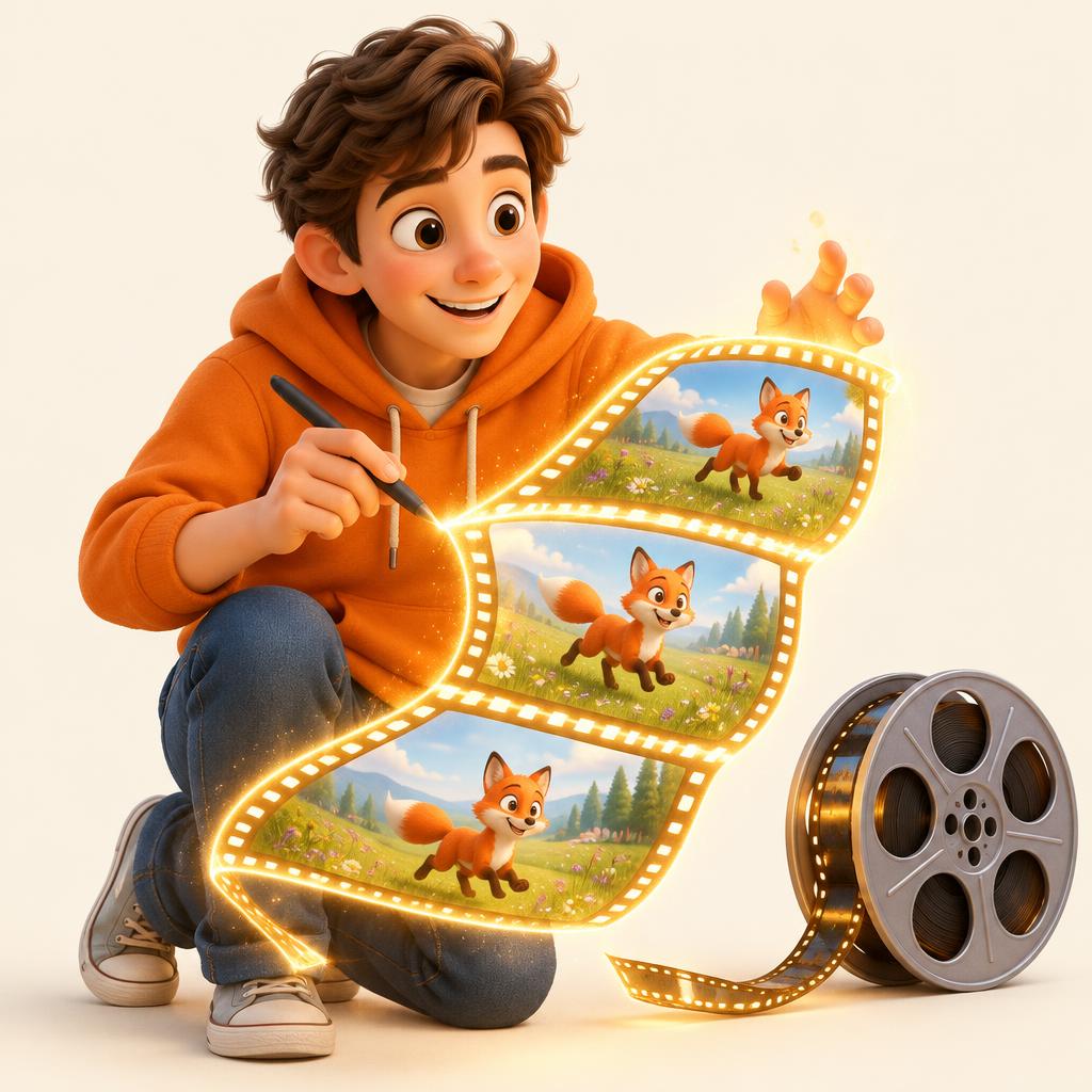 Illustrated creator drawing a glowing film strip of a cartoon fox