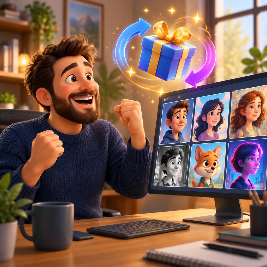 Creator cheering as new cartoon styles appear on his screen
