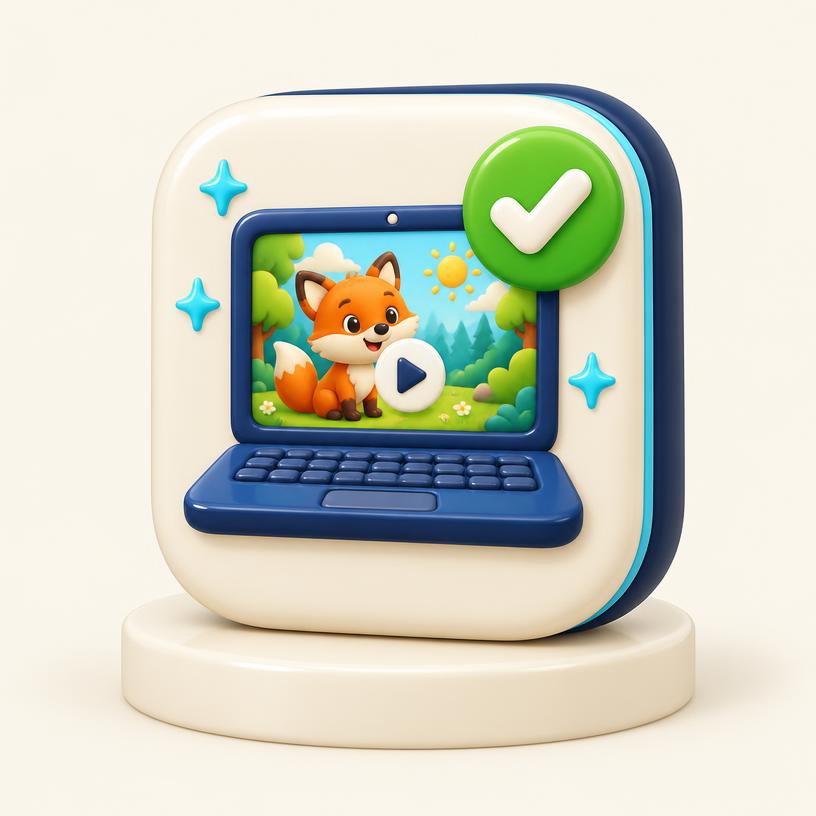 Laptop playing a finished cartoon video with a green check mark